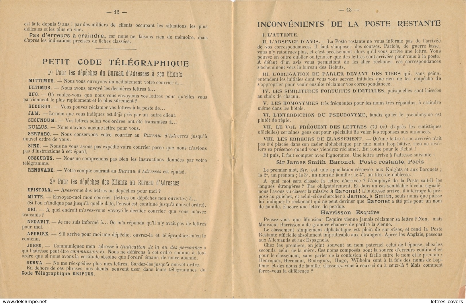 1900 Livret De 16 Pages POSTE RESTANTE PRIVÉE BUREAU D'ADRESSE - TARIFS - FERET PARIS - Poste