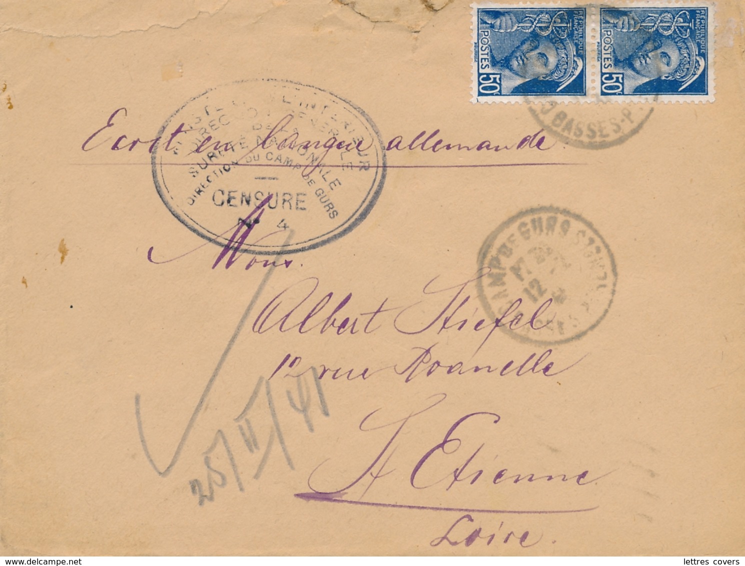 1941 Enveloppe Du CAMP DE GURS -  INTERNÉS CIVILS Cachet CENSURE N°4 - Basses Pyrénées - Prisonniers 12/2/41 WW2 Guerre - Historische Documenten