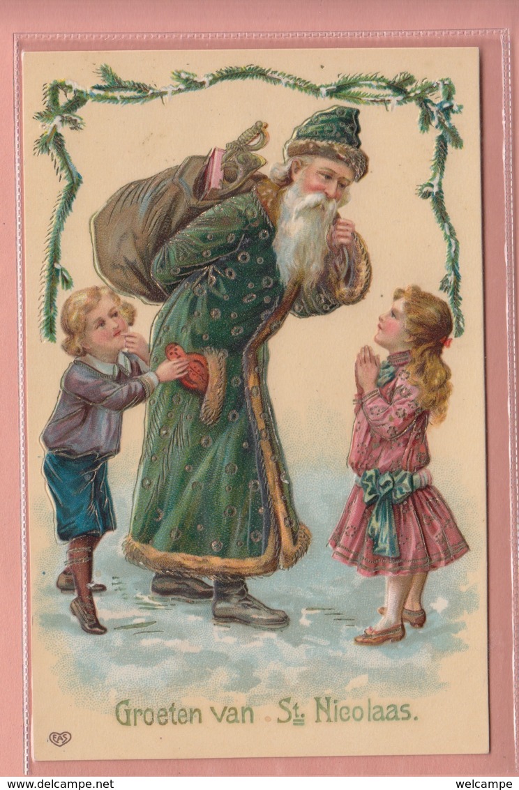 OLD  POSTCARD -   EMBOSSED - RELIEF - SANTA - ST. NICOLAS - SINTERKLAAS - CHILDREN - GREEN ROBE - Santa Claus