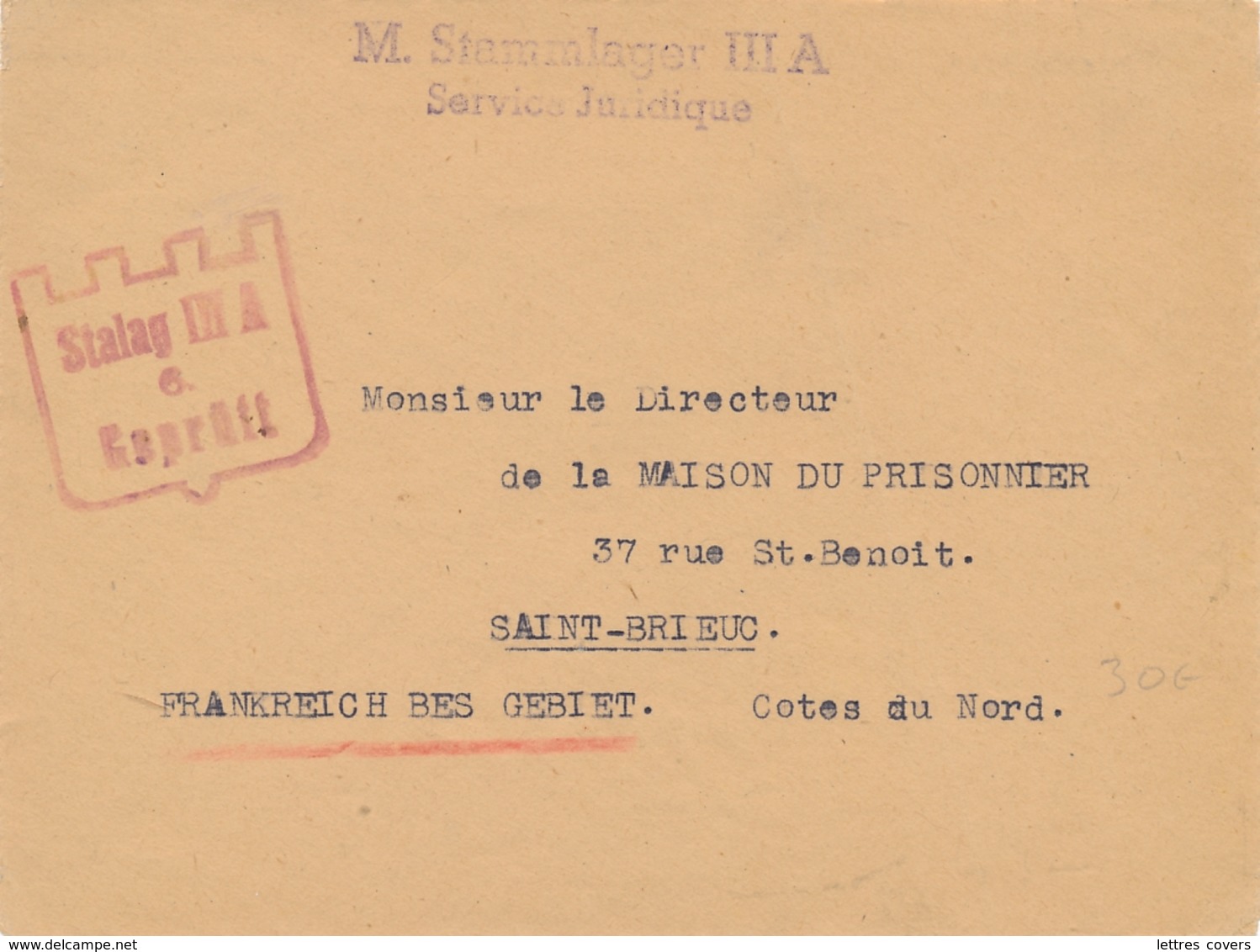 Griffe " STAMMLAGER IIIA Service Juridique " + CENSURE Illustrée Sur Lettre > SAINT-BRIEUC Cotes Du Nord - Occupation - 2. Weltkrieg