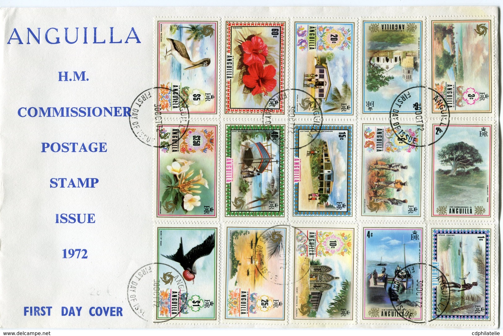 ANGUILLA ENVELOPPE 1er JOUR DES N°114 / 128 SERIE COURANTE OBLITERATION ANGUILLA 30 OCT 72 FIRST DAY OF ISSUE - Anguilla (1968-...)
