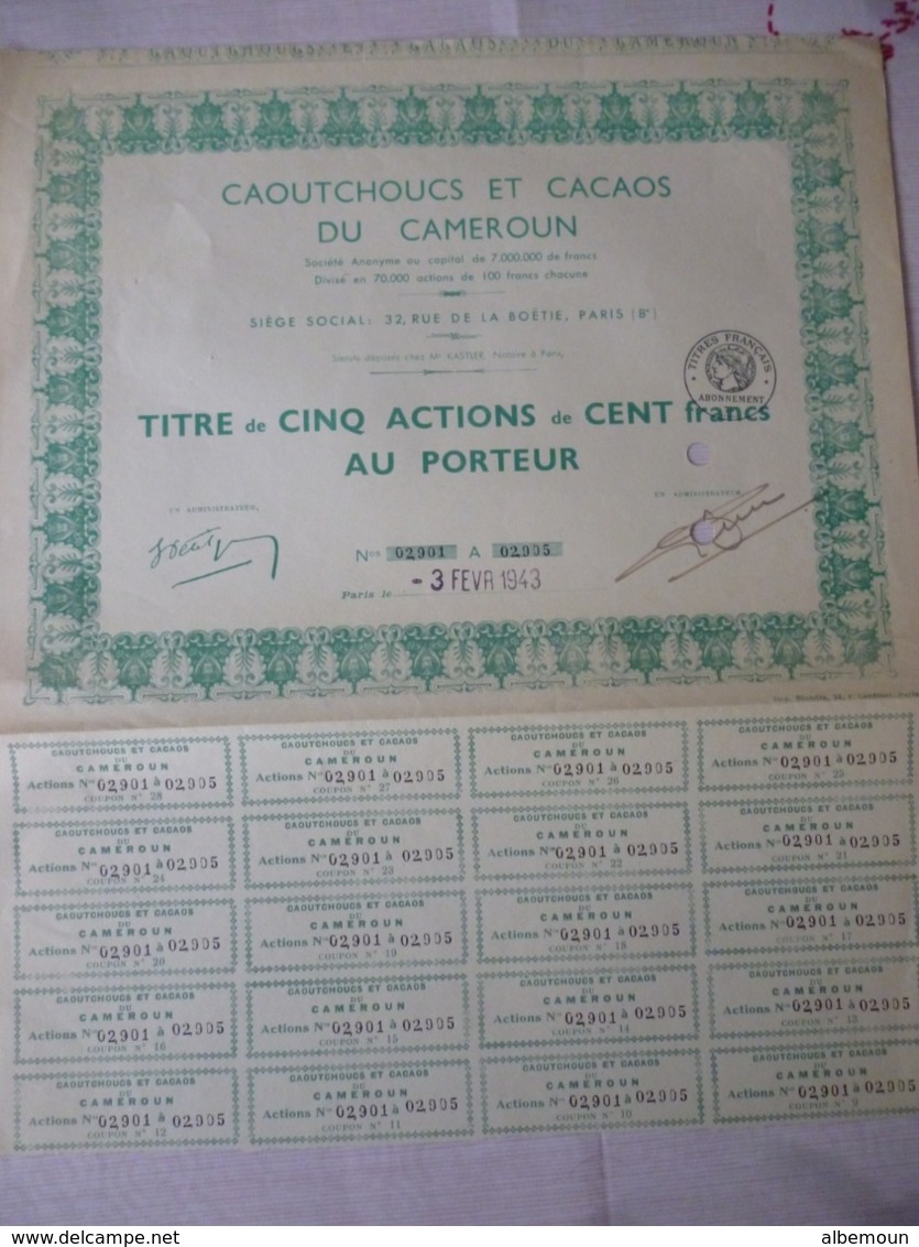 Caoutchouc Et Cacao Du Cameroun Paris Titres De Cinq Action De Cent Francs 1943 - A - C