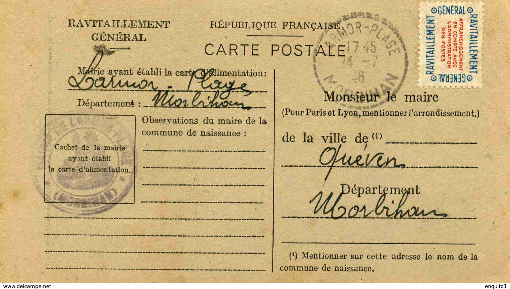 Carte De Ravitaillement, Mairie De LARMOR-PLAGE (Morbihan), Cachet à Date De Bureau De Distribution - 27-7 1946 - Guerra Del 1939-45