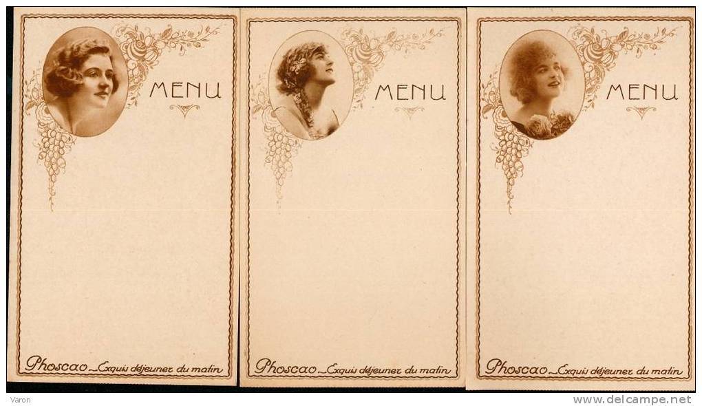 3 Menus Vierges Anciens - Publicité PHOSCAO - 3 JEUNES FEMMES En MEDAILLON Années 30 Ornés De Fleurs Et Raisin-Art Déco - Menus