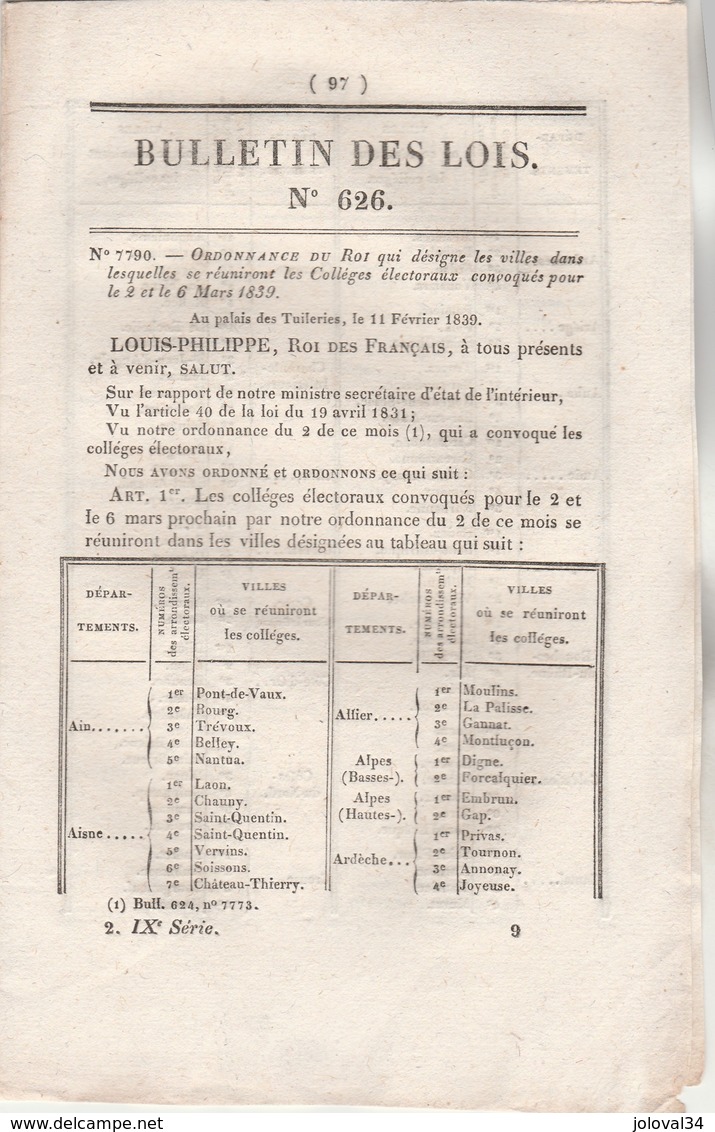 Bulletin Des Lois 626 De 1839 - Collèges électoraux - Baron Voirol Pair De France - Decrees & Laws