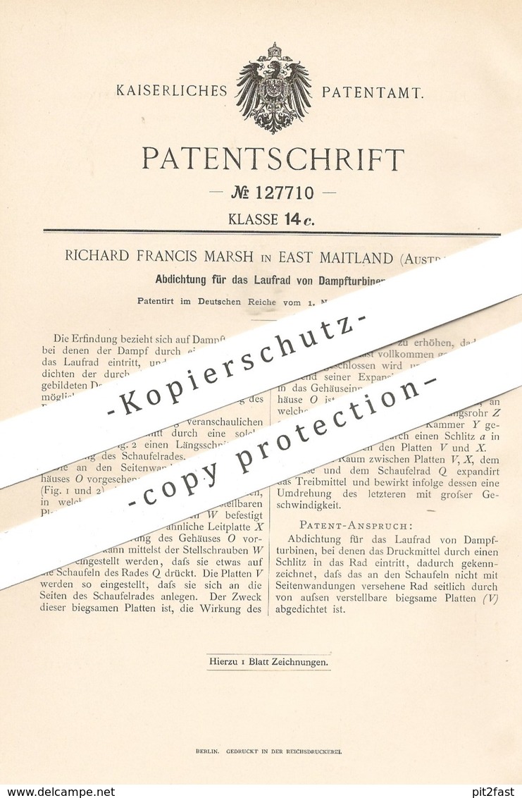 Original Patent - Richard Francis Marsh , East Maitland , Australien , 1899 , Dichtung Für Laufrad Von Dampfturbine !!! - Historische Dokumente