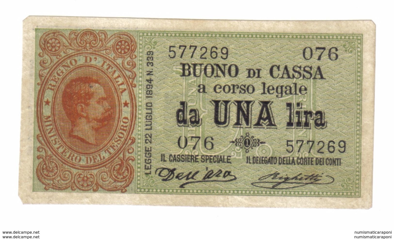 1 Lira UMBERTO I° Serie 076 09 11 1895 Angoli Smussati E Forellino Di Spilla Ottimo Bb+ LOTTO 1410 - Italië – 1 Lira