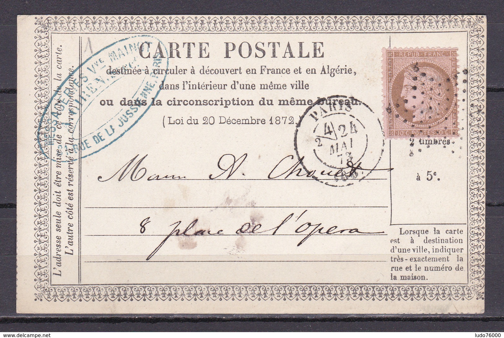 D104/ CERES N° 58 SUR CARTE LETTRE - 1871-1875 Cérès