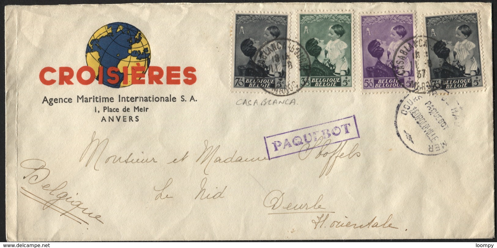 TP Belges Obl. Marocaine Au Transit CASABLANCA 1937 Vers Deurle + Gffe PAQUEBOT Et COURRIER DE HAUTE MER LEOPOLDVILLE - Lettres & Documents