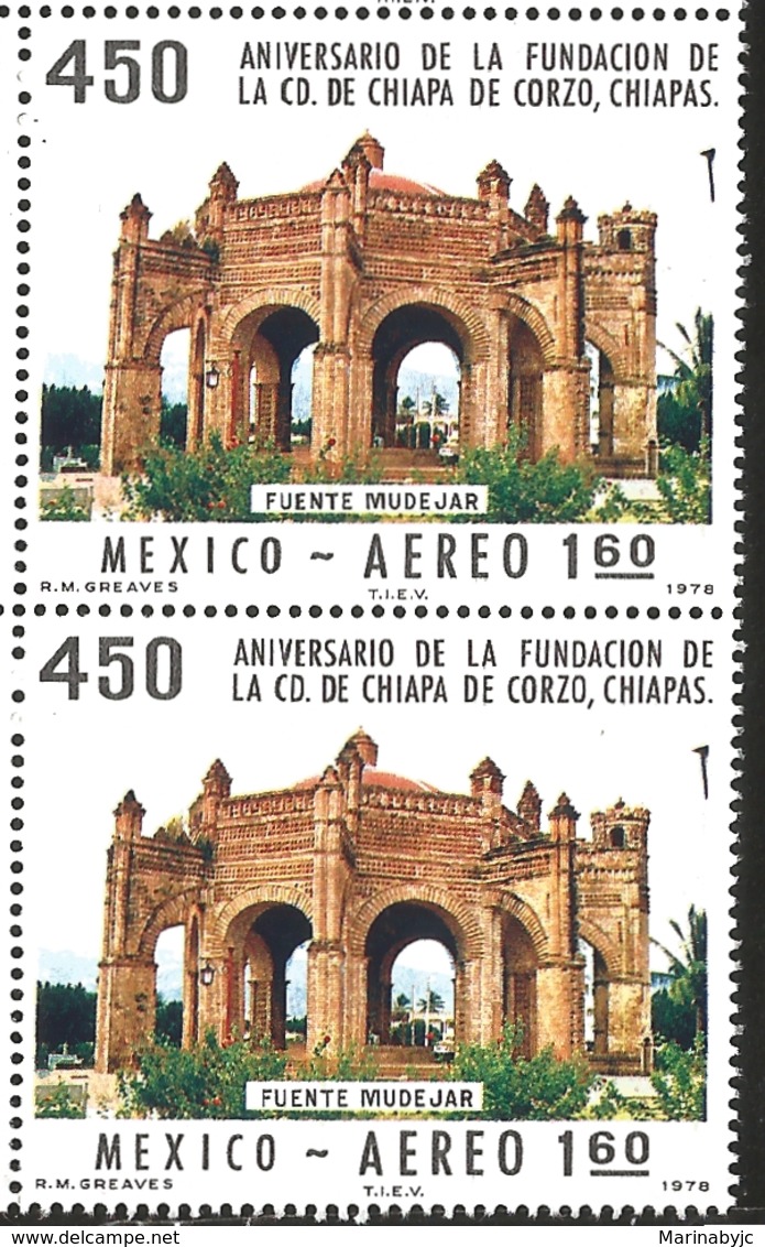 J) 1978 MEXICO, VERTICAL PAIR, FOUNDING OF CHIAPA DE CORZO, CHIAPAS, 450TH ANNIVERSARY, MOORISH FOUNTAIN, SCOTT C555, MN - Mexico