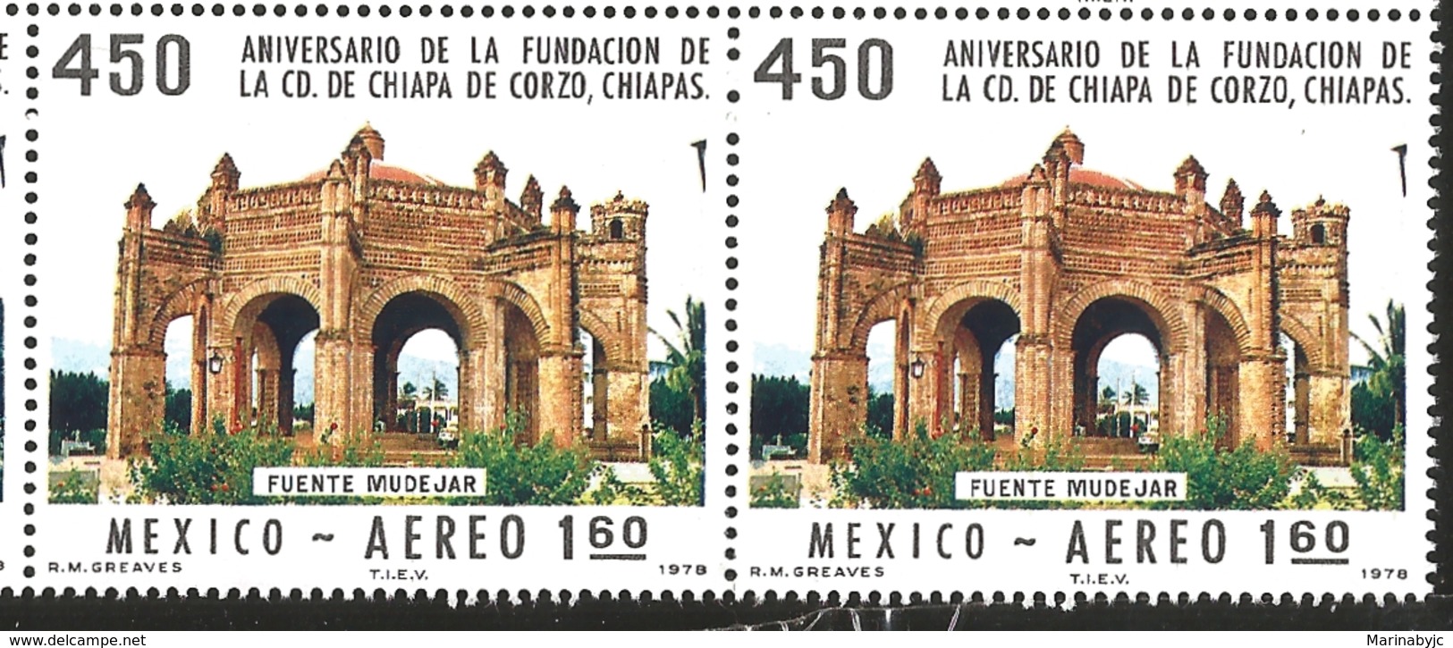 J) 1978 MEXICO, HORIZONTAL PAIR, FOUNDING OF CHIAPA DE CORZO, CHIAPAS, 450TH ANNIVERSARY, MOORISH FOUNTAIN, SCOTT C555, - Mexico