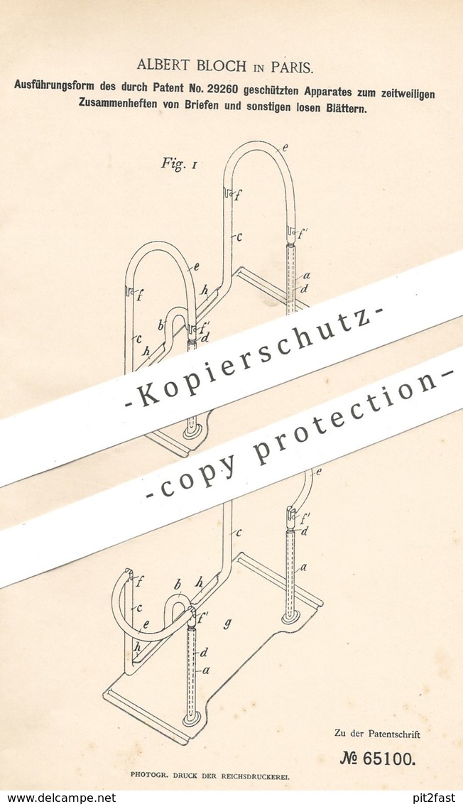 Original Patent - Albert Bloch , Paris , Frankreich , 1891 , Aktenordner | Unterlagen Ordner | Mappe , Mappen , Papier - Historische Dokumente