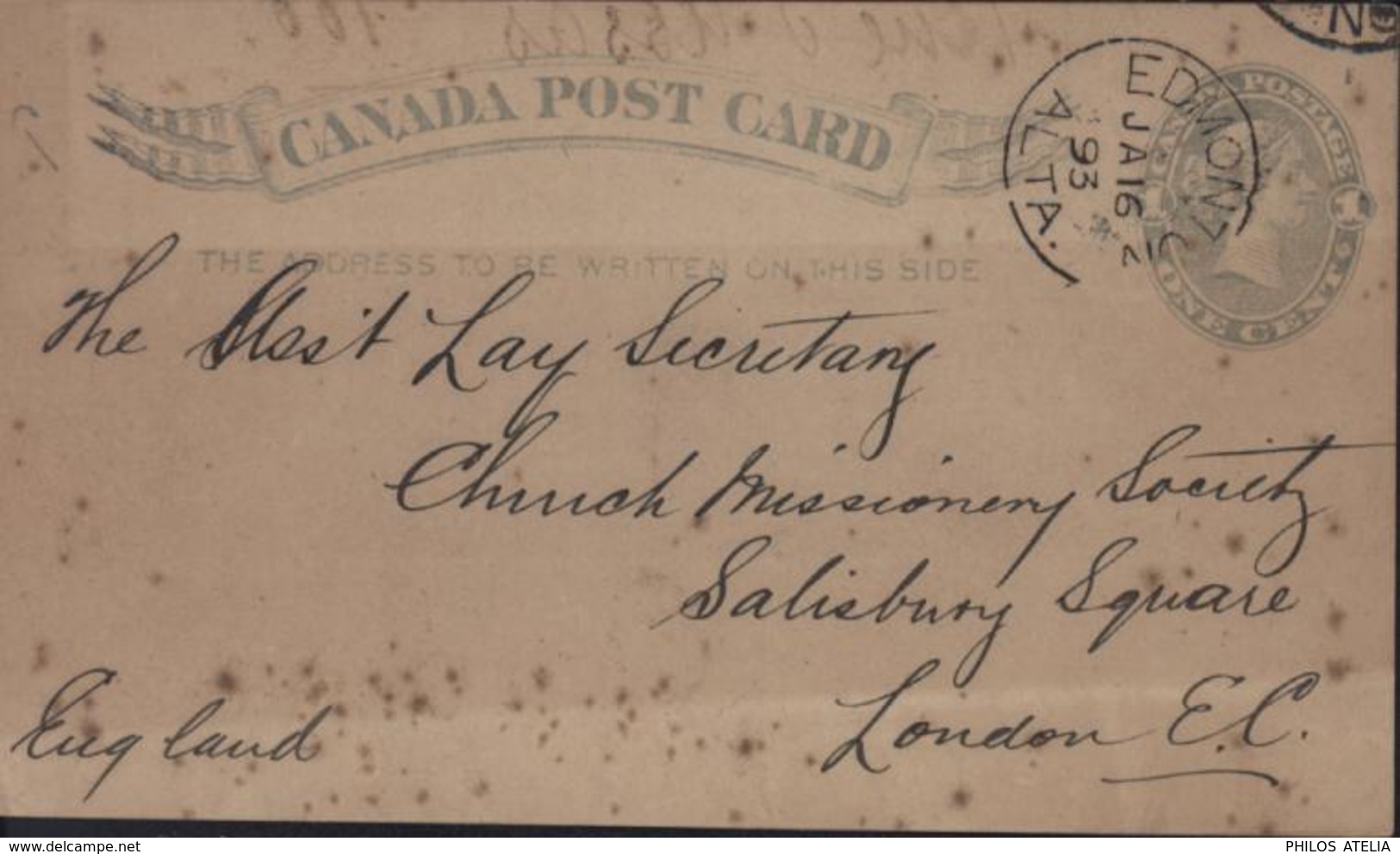 Entier Victoria Gris 1 Cent Repiquage Imperial Bank Canada CAD Edmonton Alta Ja 16 93 Dos Calgary Alta + London Rouge - 1860-1899 Reinado De Victoria