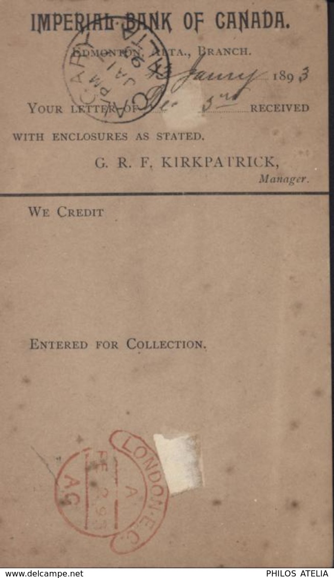 Entier Victoria Gris 1 Cent Repiquage Imperial Bank Canada CAD Edmonton Alta Ja 16 93 Dos Calgary Alta + London Rouge - 1860-1899 Regno Di Victoria