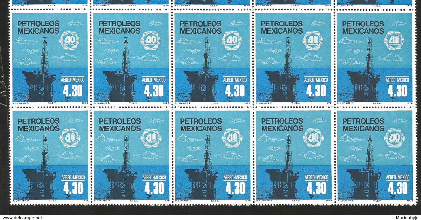 J) 1978 MEXICO, BLOCK OF 10, OIL INDUSTRY NATIONALIZATION, 40TH ANNIVERSARY, OFFSHORE OIL RIG., SCOTT C557, MN - Mexico