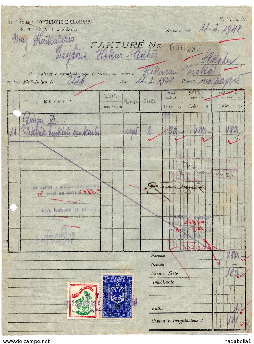 1948  ALBANIA, SHKODRA, INVOICE, ALBANIAN REVENUE STAMPS - Albanien