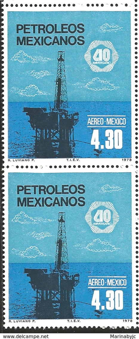 J) 1978 MEXICO, VERTICAL PAIR, OIL INDUSTRY NATIONALIZATION, 40TH ANNIVERSARY, OFFSHORE OIL RIG., SCOTT C557, MN - Mexico