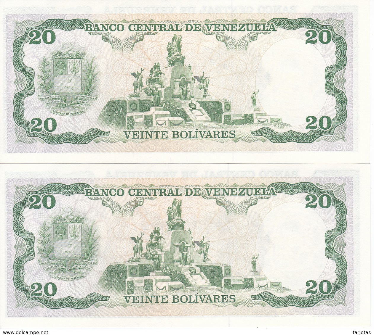 PAREJA CORRELATIVA DE VENEZUELA DE 20 BOLIVARES DEL AÑO 1990 SIN CIRCULAR  (BANKNOTE) UNCIRCULATED (BANKNOTE) - Venezuela