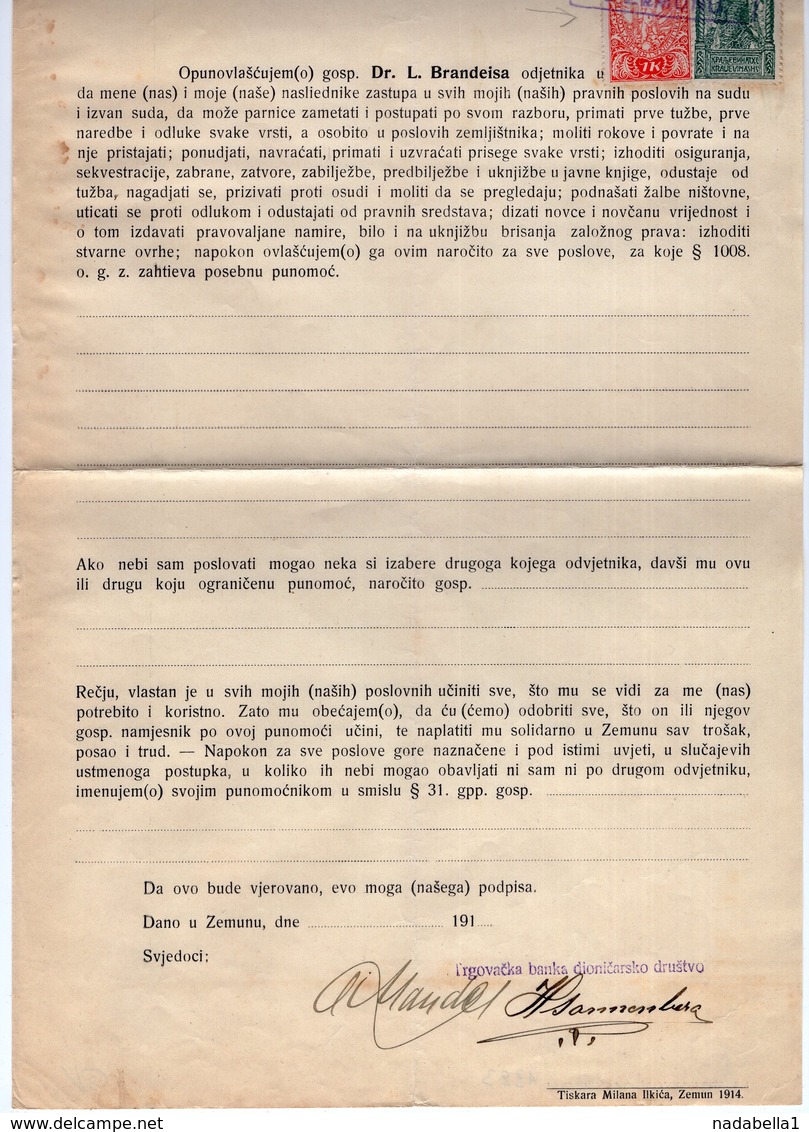 1919. KINGDOM OF SHS,ZEMUN,POWER OF ATTORNEY,CHAIN BREAKERS,VERIGARI,ERROR ON 1 KRUNA STAMP,2 POSTAL STAMPS AS REVENUE - Covers & Documents