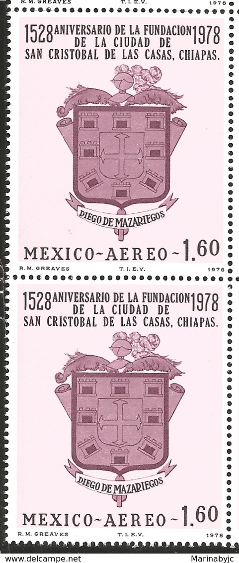 J) 1978 MEXICO, VERTICAL PAIR, 400TH ANNIVERSARY OF THE FOUNDING OF SAN CRISTOBAL DE LAS CASAS, CHIAPAS, BY DIEGO DE MAZ - Mexico