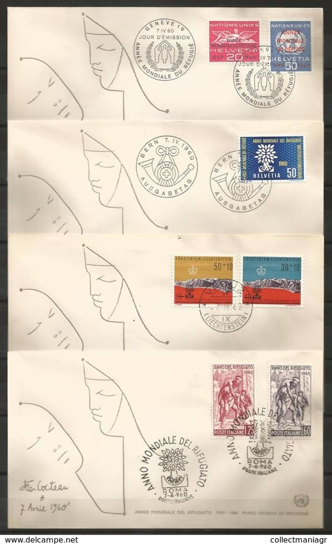 World Refugee Year 1960 4 Envelopes, Common Edition Switzerland, Liechtenstein, Italy. - Refugees
