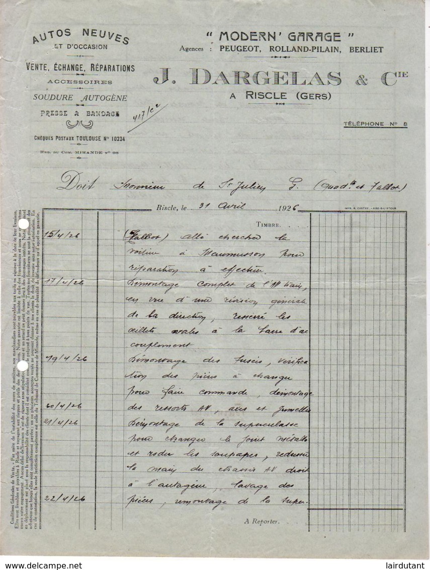 MODERN GARAGE DARGELAS ( Peugeot , Berliet , Rolland Pilain )  A RISCLE   .......... FACTURE DE 1926 - Cars