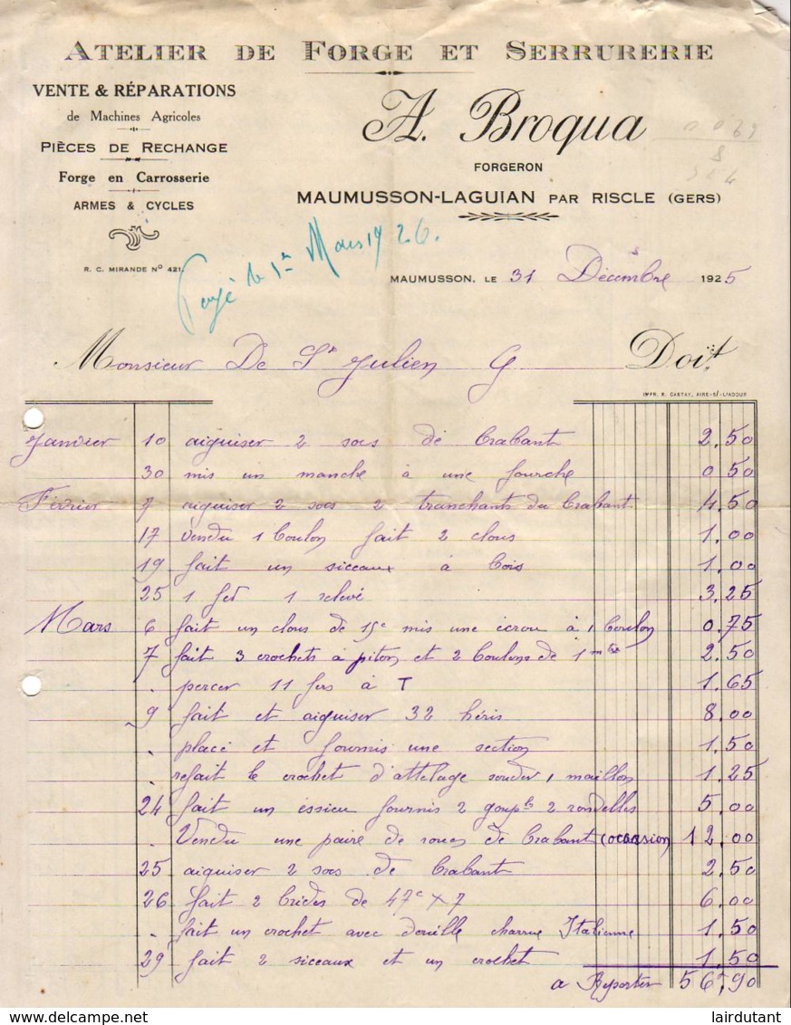 FORGE ET SERRURERIE BROQUA A MAUMUSSON LAGUIAN PAR RISCLE         .......... FACTURE DE 1925 - Altri & Non Classificati