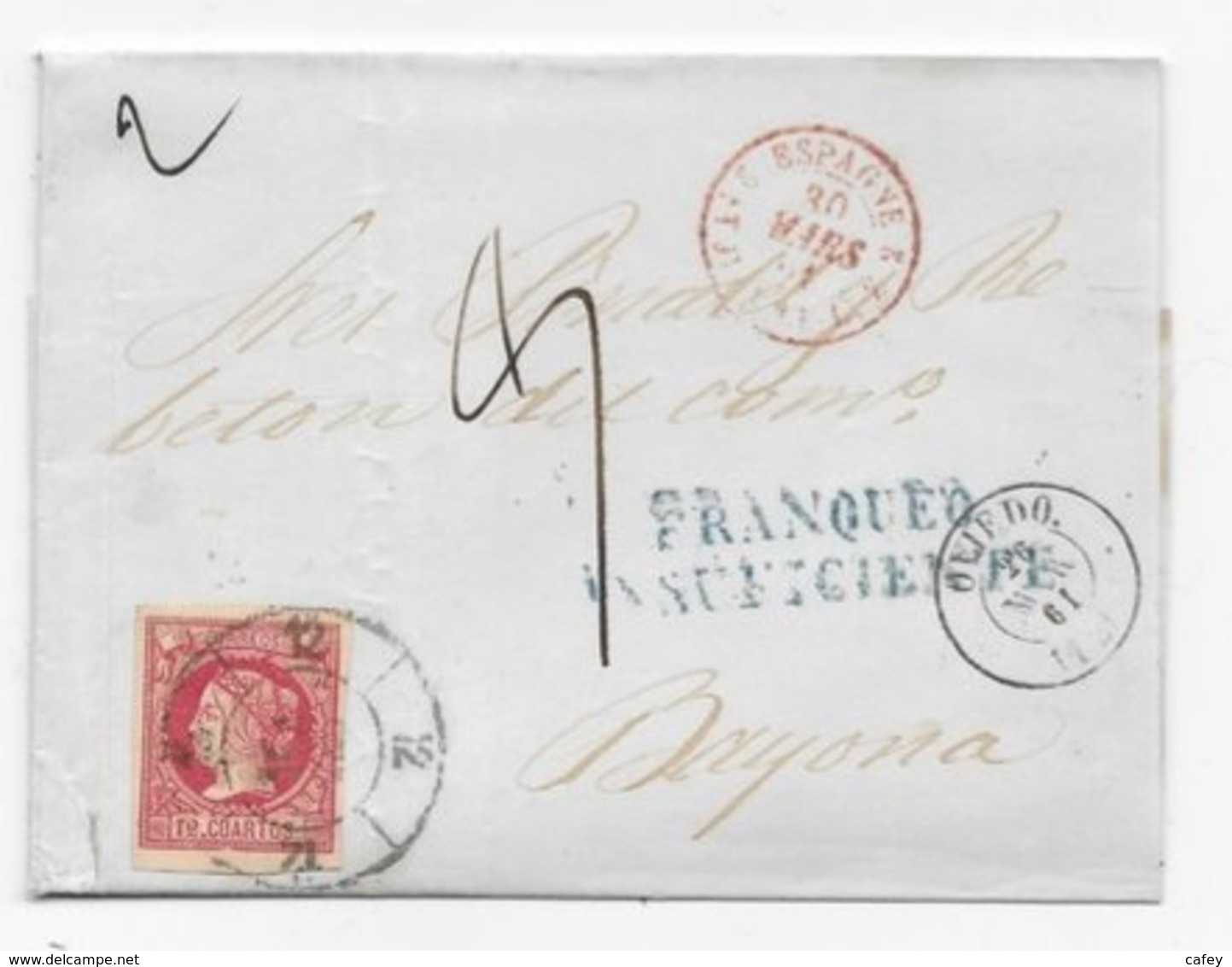 Lettre Espagne Timbre 12 Cuartos OVIEDO 1861 FRANQUEO / INSUFICIENTE Taxe Manuscrite - Cartas & Documentos