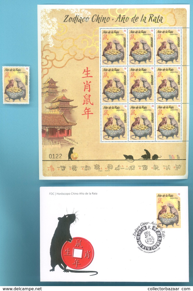2020 New Year RAT Chinese Calendar Uruguay Full Sheet + Stamp + FDC + Gift ! (USED ADDITIONAL STAMPS ON COVER) - Chinese New Year