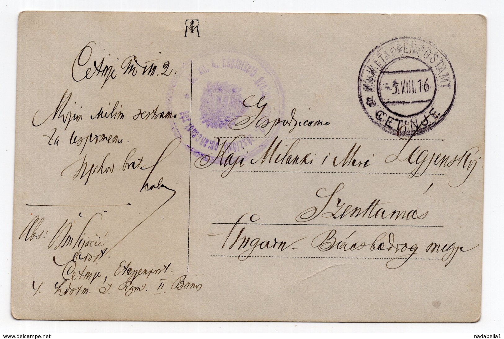 1916 WWI AUSTRIAN OCCUPATION OF MONTENEGRO, CETINJE TO SENTA?, ILLUSTRATED POSTCARD, USED - Covers & Documents