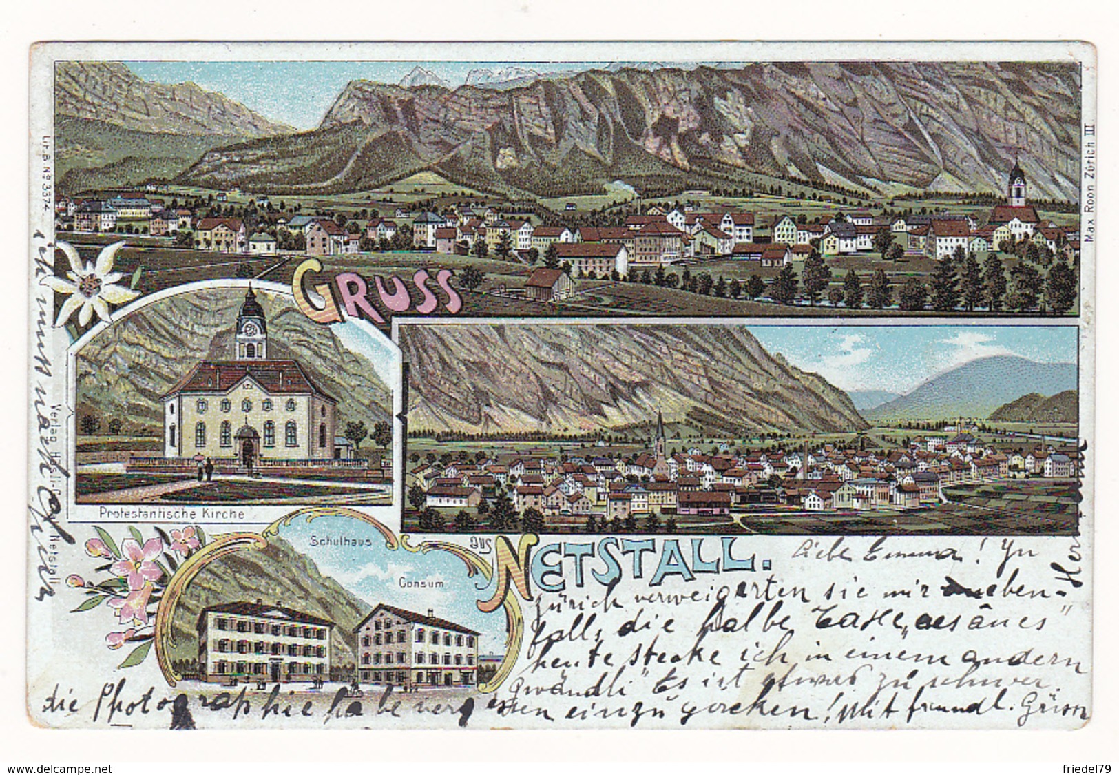 AK GL NETSTAL Litho Glarus Rieden Schule Consum  1901 Netstall Gruss Aus - Netstal