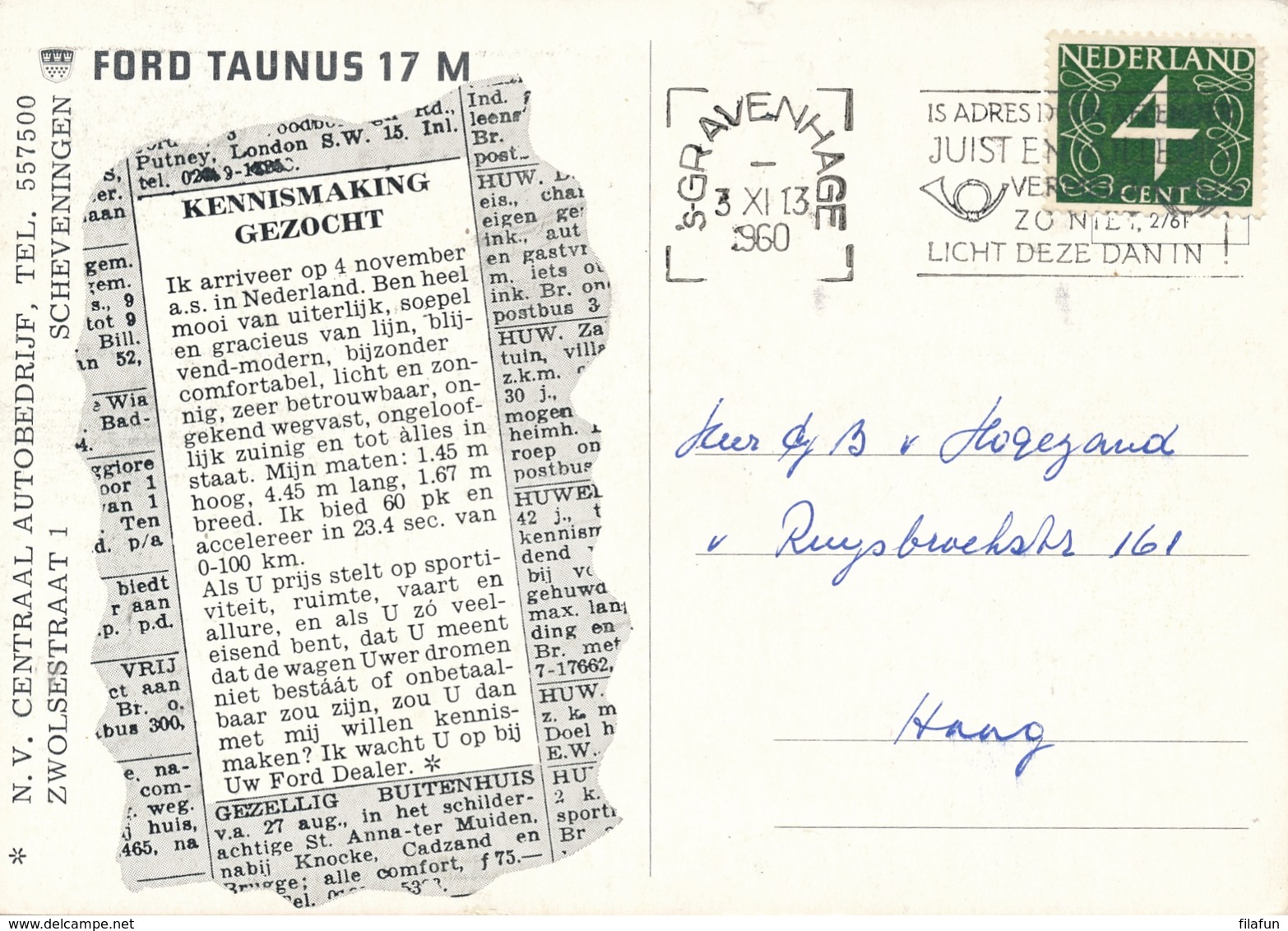 Nederland - 1960 - 4 Cent Op Geaddresseerde Reklame Postkaart Voor Ford Taunus 17M - Sonstige & Ohne Zuordnung