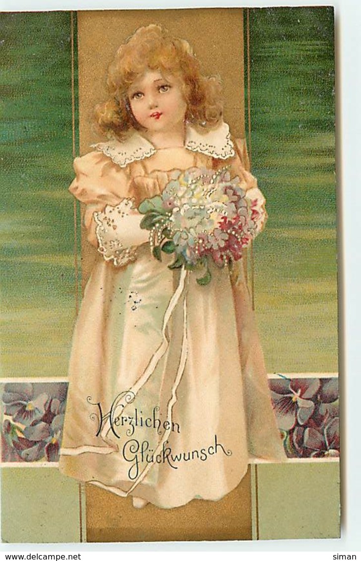N°14235 - Herzlichen Glückwunsch - Clapsaddle - Fillette Portant Un Bouquet De Fleurs - Autres & Non Classés
