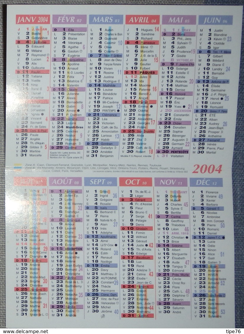 Petit Calendrier Poche  2004  La Poste  Doëlan - Bureau De Gray - Small : 2001-...