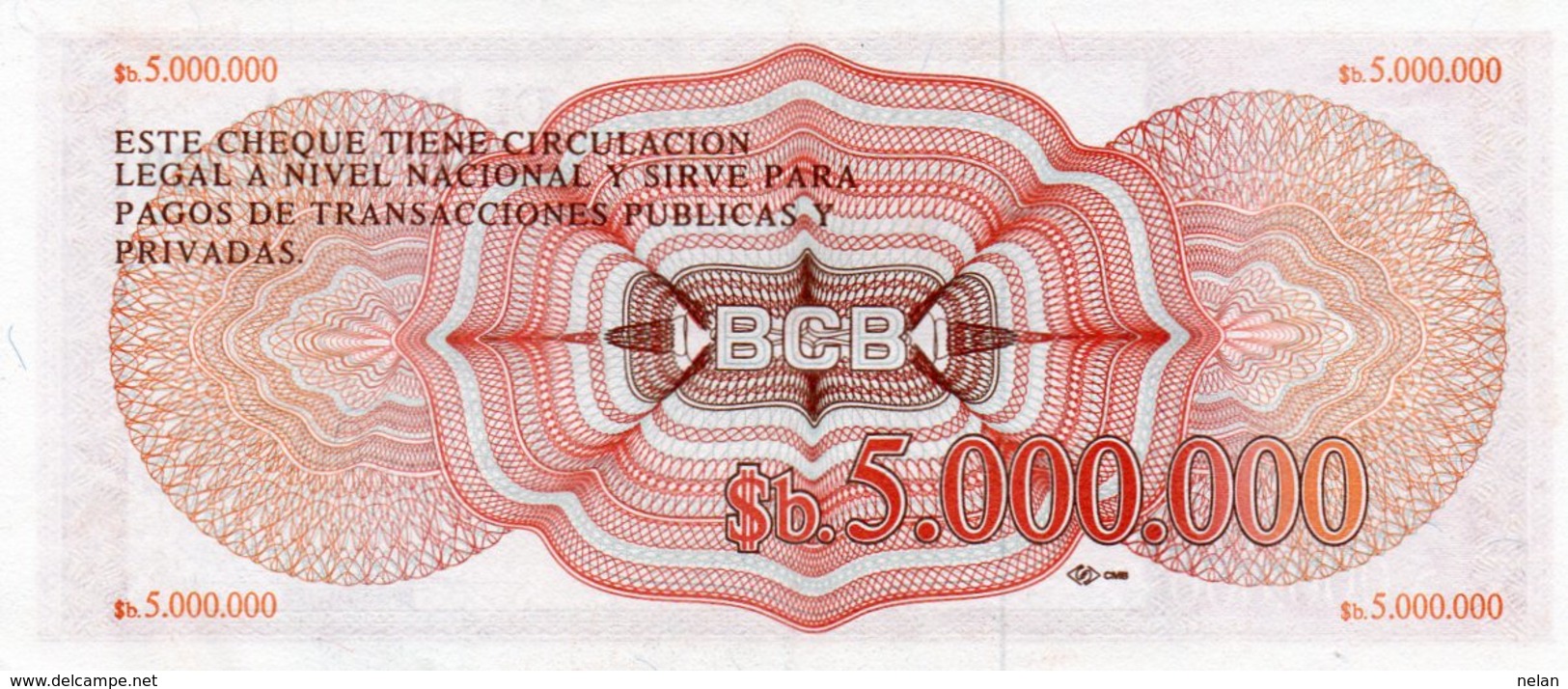 BOLIVIA 5000000 PESOS BOLIVIANOS 1985 P-192A  UNC - Bolivië