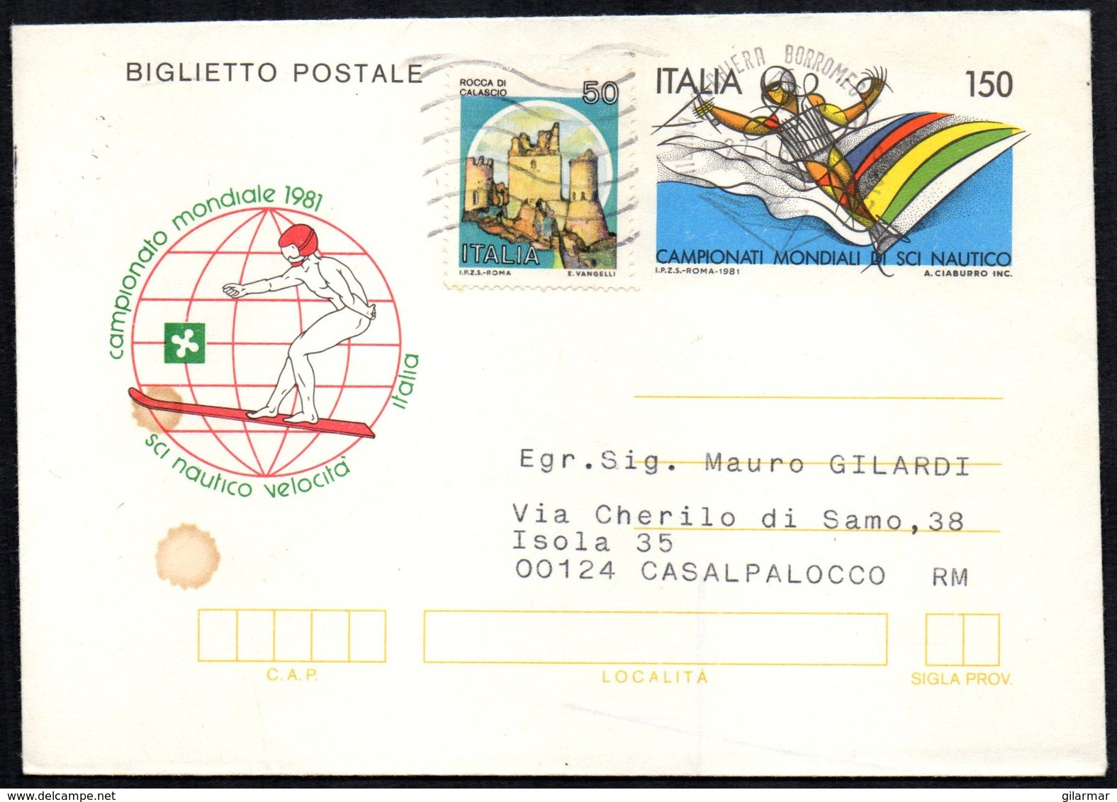 WATER SKIING - ITALIA 1982 - CAMPIONATO MONDIALE 1981 SCI NAUTICO VELOCITA' - BIGLIETTO POSTALE VIAGGIATO - Ski Nautique