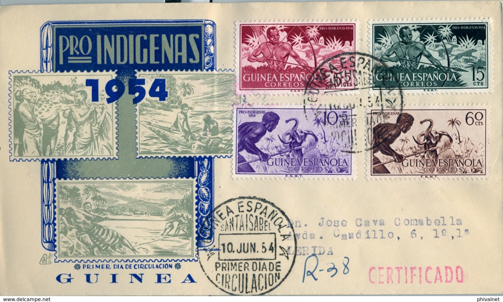 1954 , GUINEA ESPAÑOLA , ED. 334 / 337 , SOBRE DE PRIMER DIA CIRCULADO , PRO INDÍGENAS , CAZA , CAZADORES , HUNTING - Guinea Española