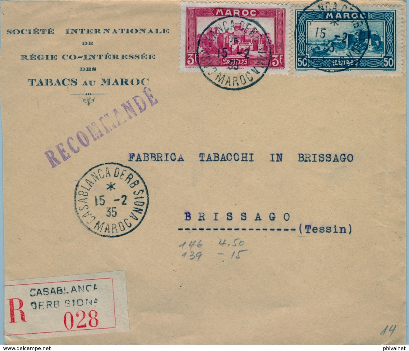 1935 , MARRUECOS FRANCÉS , SOBRE CERTIFICADO, CASABLANCA DERB SIONA - BRISSAGO , SOCIETE INTERNATIONALES TABACS AU MAROC - Briefe U. Dokumente