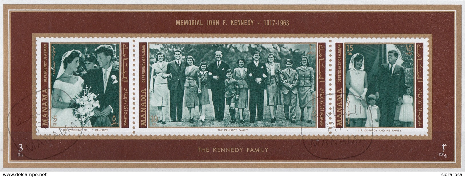Manama 1971 Mi. 800-801-802 Memorial J. F. Kennedy Family Strip Imperf. Sheet CTO - Manama