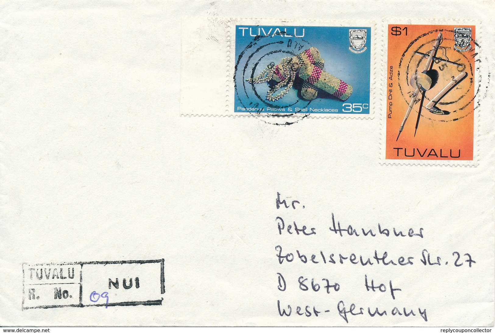 TUVALU / NIU -  1985  , R-Letter To Hof / DE - Tuvalu (fr. Elliceinseln)