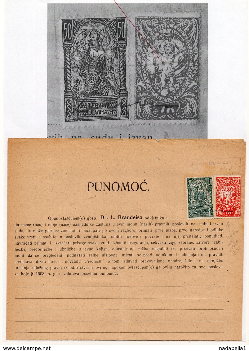 1920 KINGDOM OF SHS,ZEMUN,CHAIN BREAKERS,VERIGARI,DOT ON THE BELLY,ERROR ON 1 KRUNA STAMP,2 POSTAL STAMPS AS REVENUE - Covers & Documents