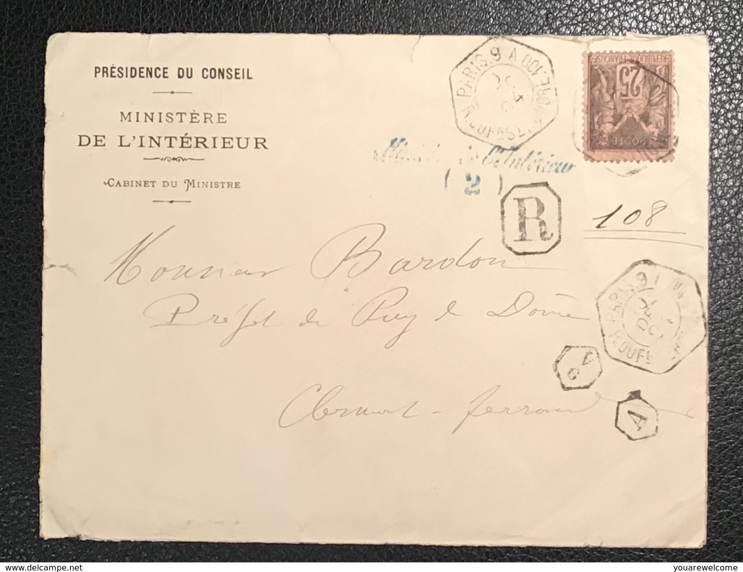 „PARIS 9 R. DU Fg ST HONORE 100“lettre En FRANCHISE + RECOMMANDÉ RR ! Type Sage 1894(recettes Auxiliaire Urbaines - 1877-1920: Période Semi Moderne