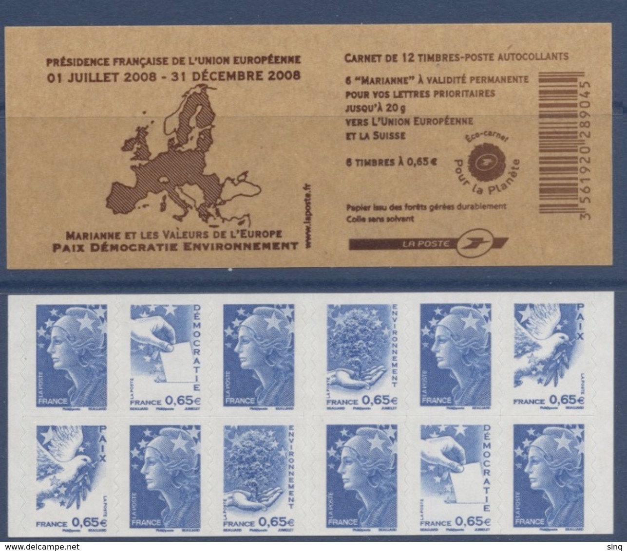 N° 1517 Carnet Présidence Française Union Européenne Auto Adhésif   Faciale 0,65 € X 6 + Europe X 6 - Autres & Non Classés