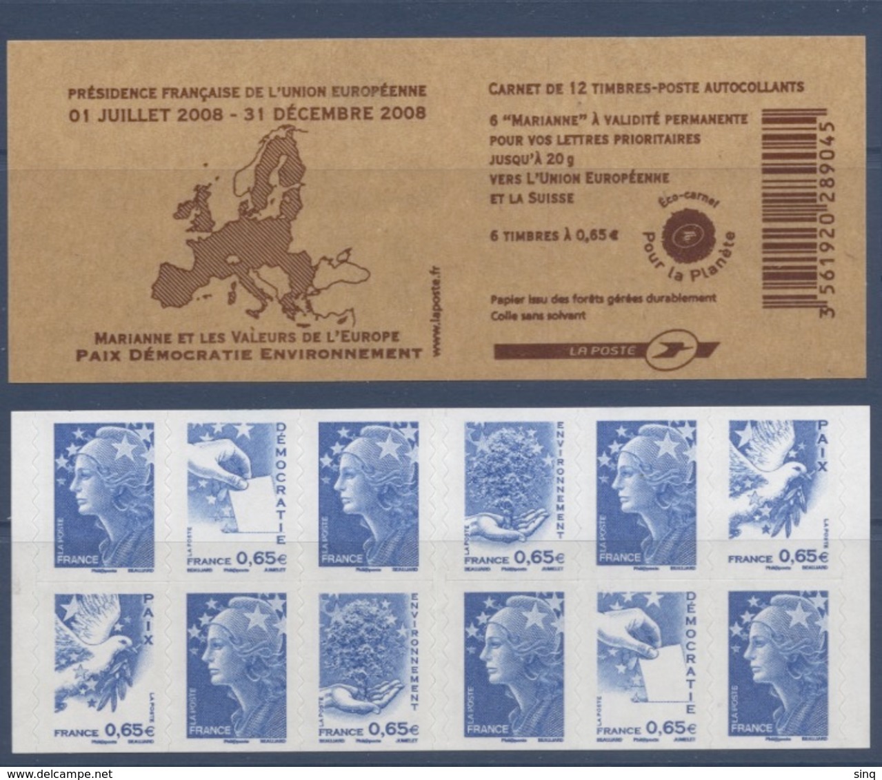 N° 1517 Carnet Présidence Française Union Européenne Auto Adhésif   Faciale 0,65 € X 6 + Europe X 6 - Autres & Non Classés