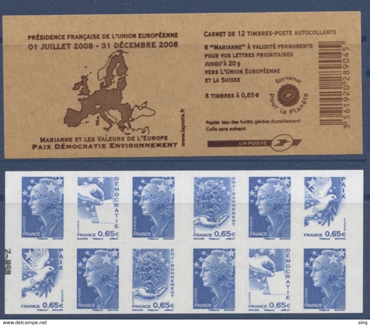 N° 1517 Carnet Présidence Française Union Européenne Auto Adhésif   Faciale 0,65 € X 6 + Europe X 6 - Altri & Non Classificati