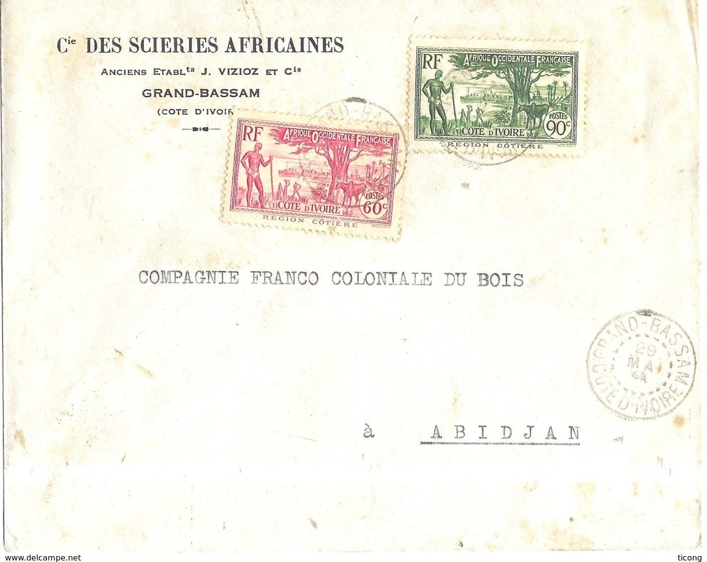 COTE D IVOIRE GRAND BASSAM POUR ABIDJAN  - ENVELOPPE A ENTETE CIE DES SCIERIES AFRICAINES 1943 - REGION COTIERE ( 2 ) - Lettres & Documents