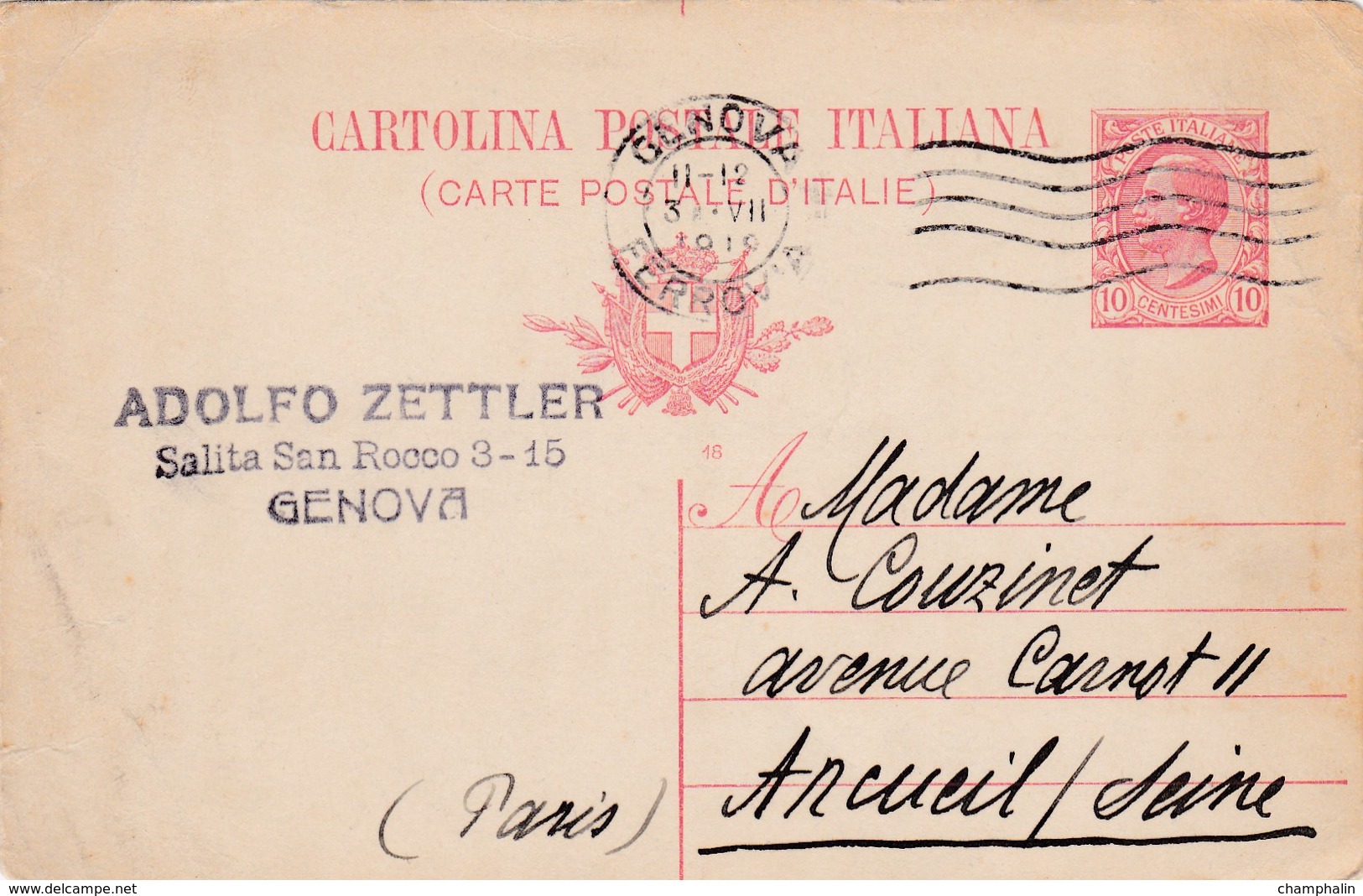 Italie - Carte Postale De Genova Pour Arcueil (94) - 3 Juillet 1919 - Préaffranchie 10c YT 77 - 1 CAD - Entiers Postaux