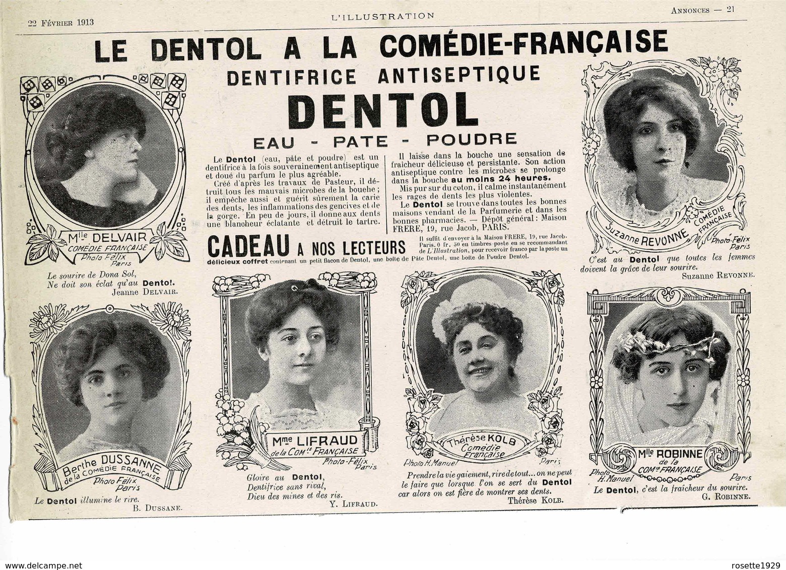 Ancienne Pub Dentifrice Le Dentol, Personnages De La Comédie Française & La Moto Reve,Acacias-Geneve Et D'autres Pubs - Publicités