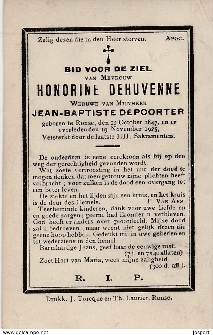 Ronse, 1925, Honorine Dehuvenne, Depoorter - Images Religieuses