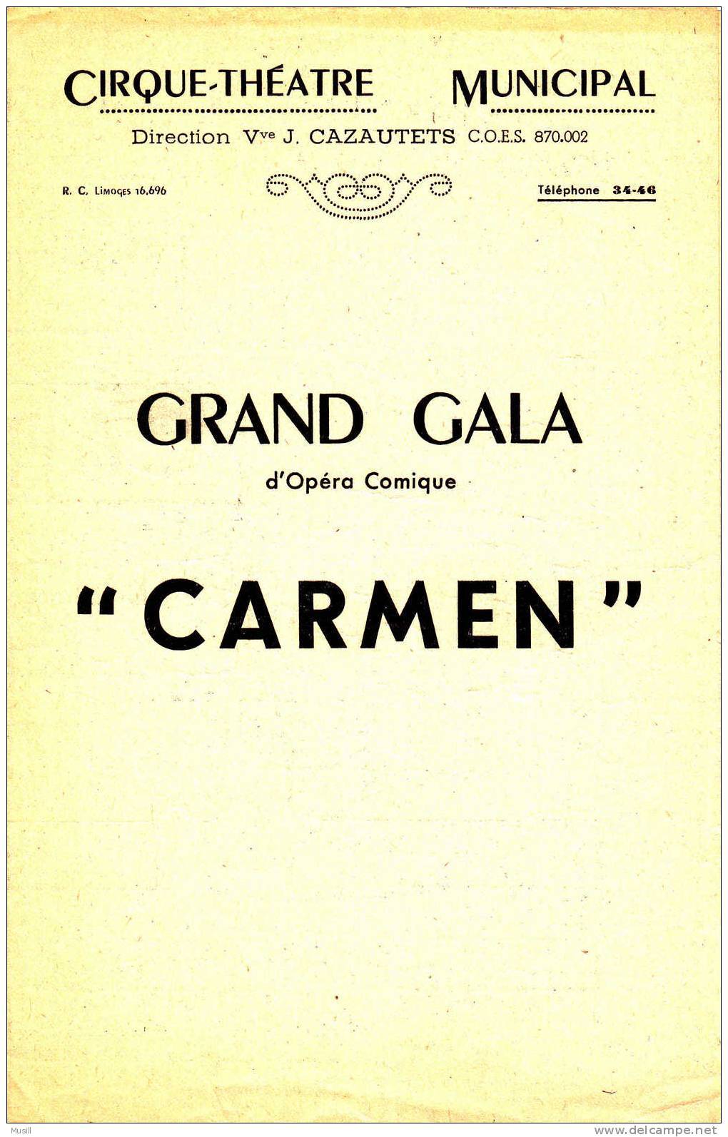 Programme De Carmen Présenté à Limoges En Octobre 1943 Au Cirque-Théâtre De Limoges. - Programmes